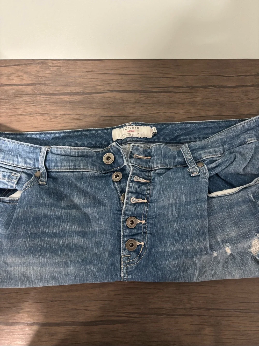 torrid Button-Fly Distressed Jean Shorts in Blue
